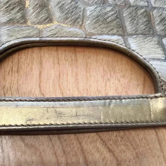 Nordstrom leather handbag/clutch. Animal print w/Gold leather + furry covering. - Picture 11 of 11